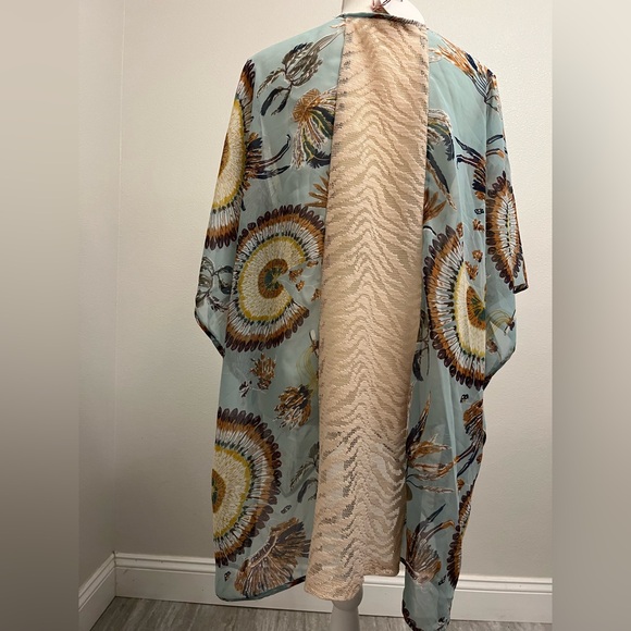 New Umgee Teal Tribal Feather Print Open Kimono Cover-Up S/M Chic & Breezy! NWT - Picture 11 of 16